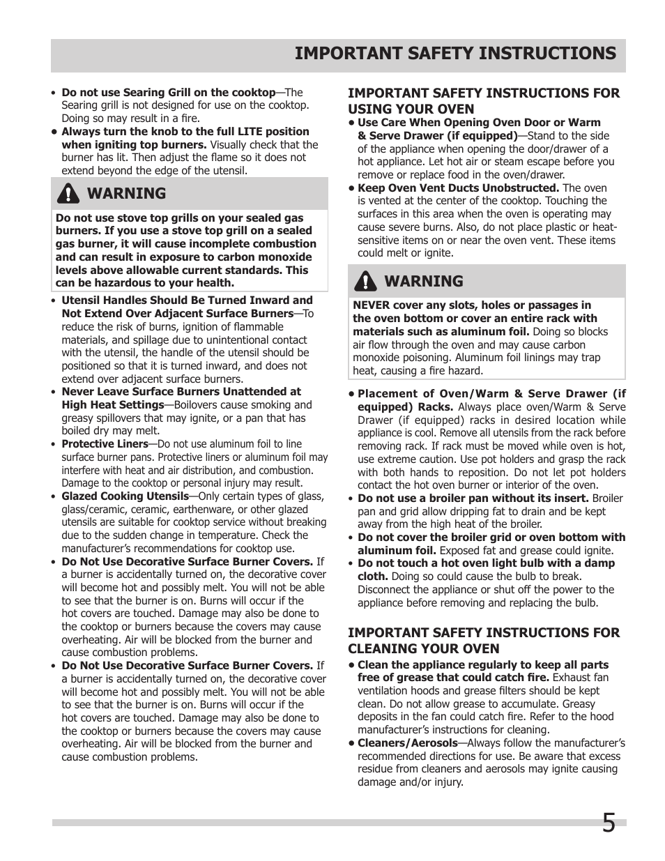 Important safety instructions, Warning | FRIGIDAIRE 318205852 User Manual | Page 5 / 36