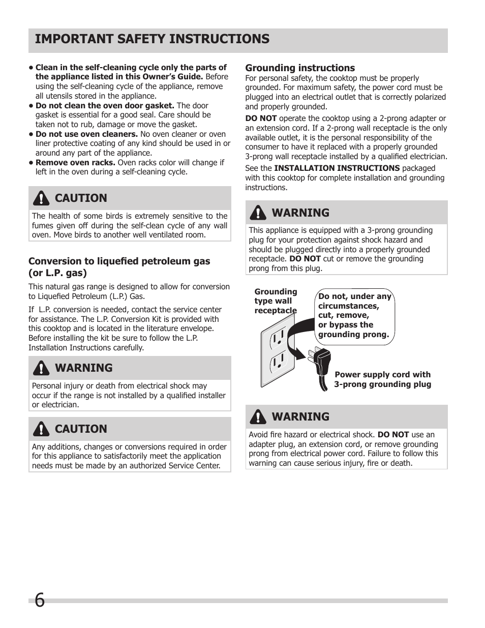 Important safety instructions, Caution, Warning | FRIGIDAIRE 318205852 User Manual | Page 6 / 36
