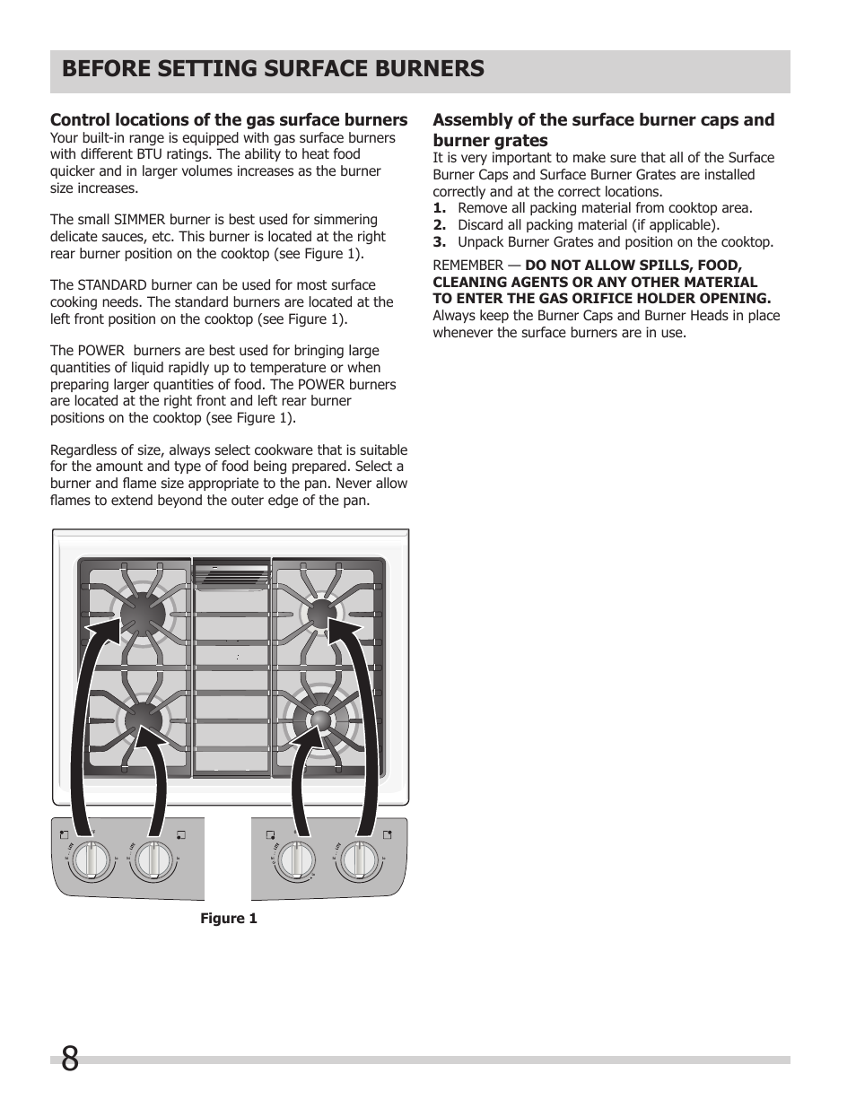 Before setting surface burners, Control locations of the gas surface burners | FRIGIDAIRE 318205852 User Manual | Page 8 / 36