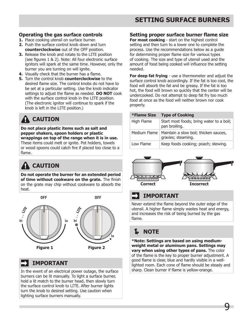 Setting surface burners, Important, Caution | FRIGIDAIRE 318205852 User Manual | Page 9 / 36