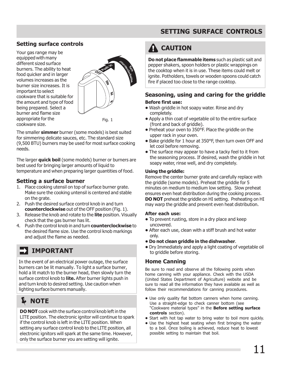 Setting surface controls, Important, Caution | FRIGIDAIRE 316901303 User Manual | Page 11 / 36