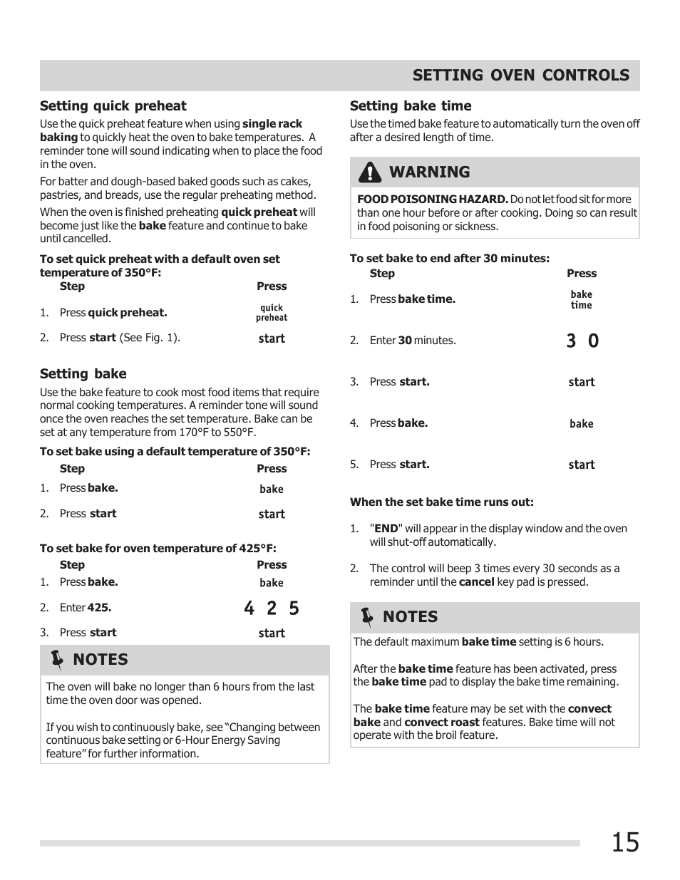 Setting oven controls, Warning | FRIGIDAIRE 316901303 User Manual | Page 15 / 36