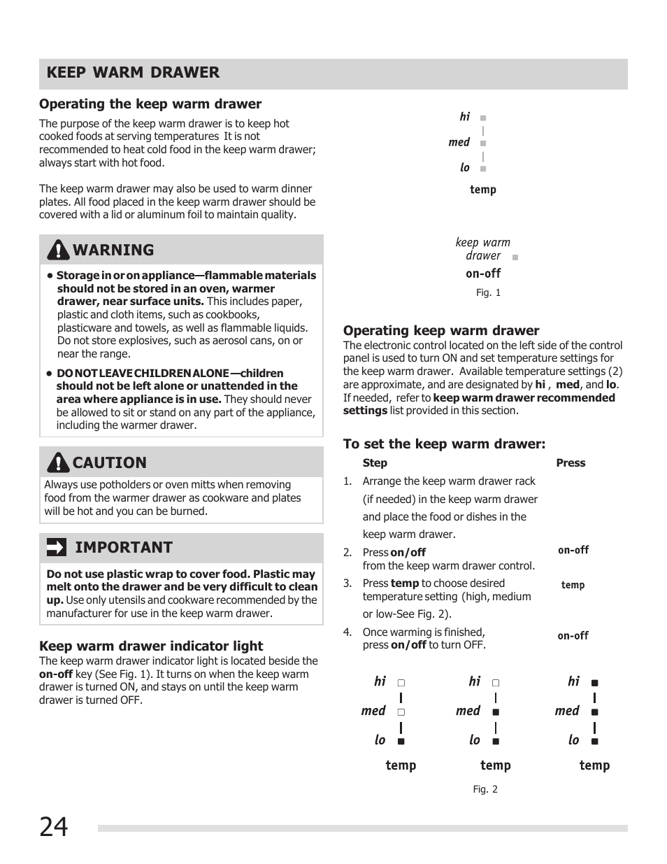 Keep warm drawer, Warning, Caution | Important | FRIGIDAIRE 316901303 User Manual | Page 24 / 36