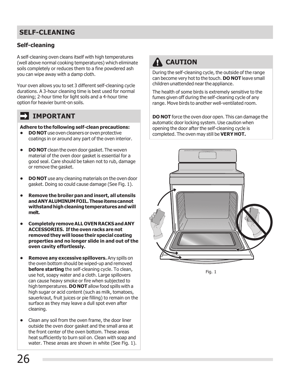 Self-cleaning, Caution, Important | FRIGIDAIRE 316901303 User Manual | Page 26 / 36