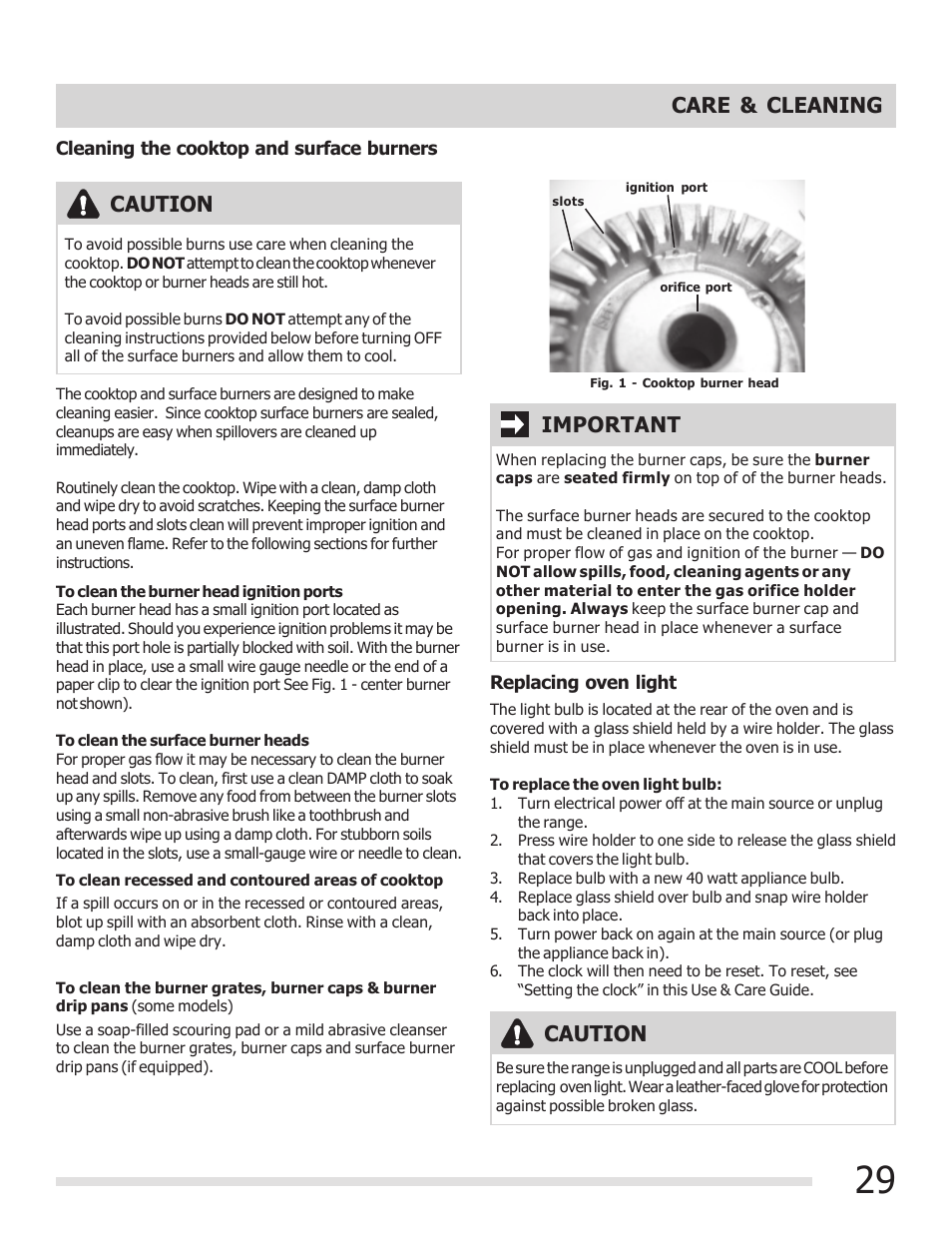 Caution, Important care & cleaning | FRIGIDAIRE 316901303 User Manual | Page 29 / 36