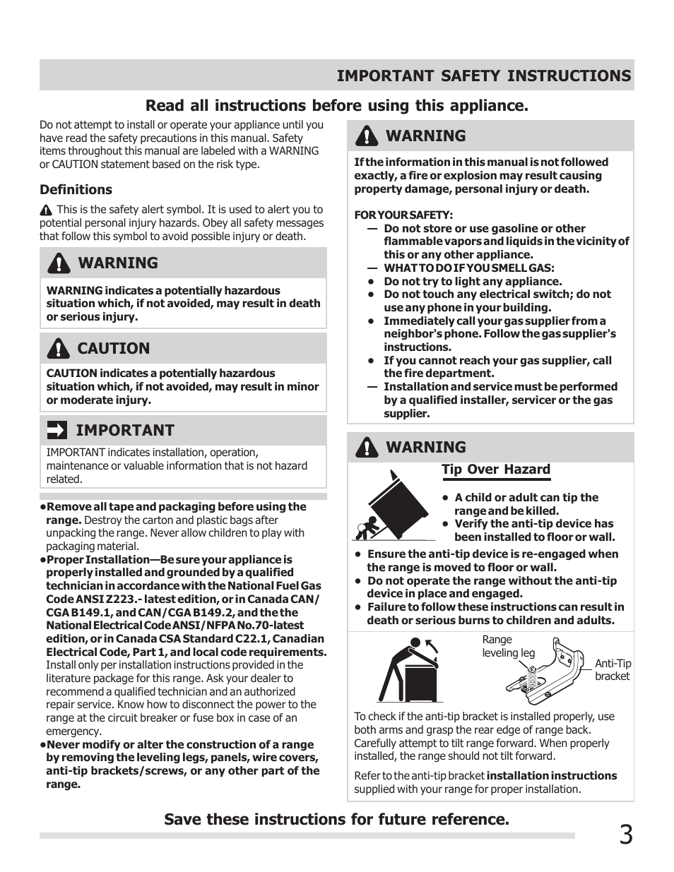 Read all instructions before using this appliance, Important, Caution | Warning | FRIGIDAIRE 316901303 User Manual | Page 3 / 36