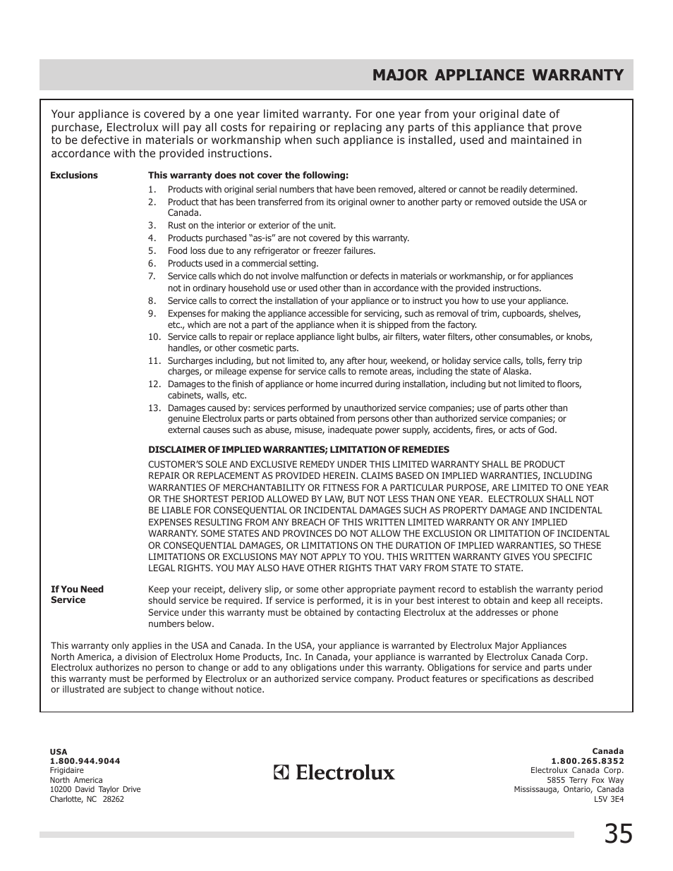 Major appliance warranty | FRIGIDAIRE 316901303 User Manual | Page 35 / 36