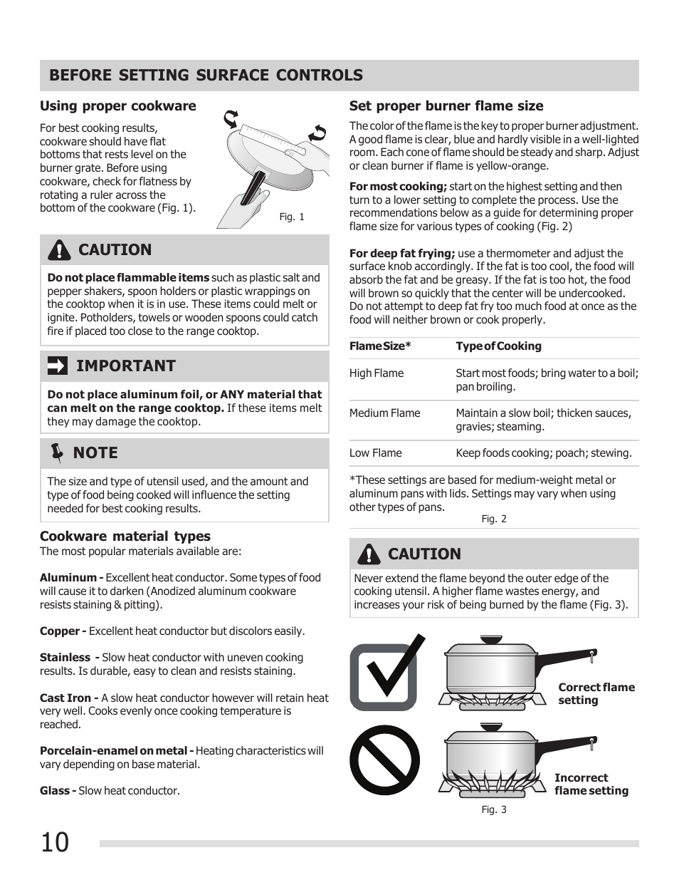 Before setting surface controls, Caution, Caution important | FRIGIDAIRE 316901309 User Manual | Page 10 / 28