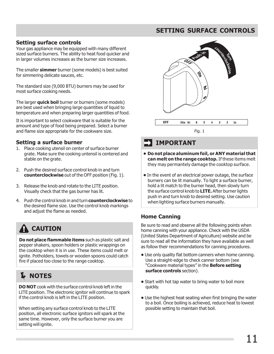 Setting surface controls, Important, Caution | FRIGIDAIRE 316901309 User Manual | Page 11 / 28