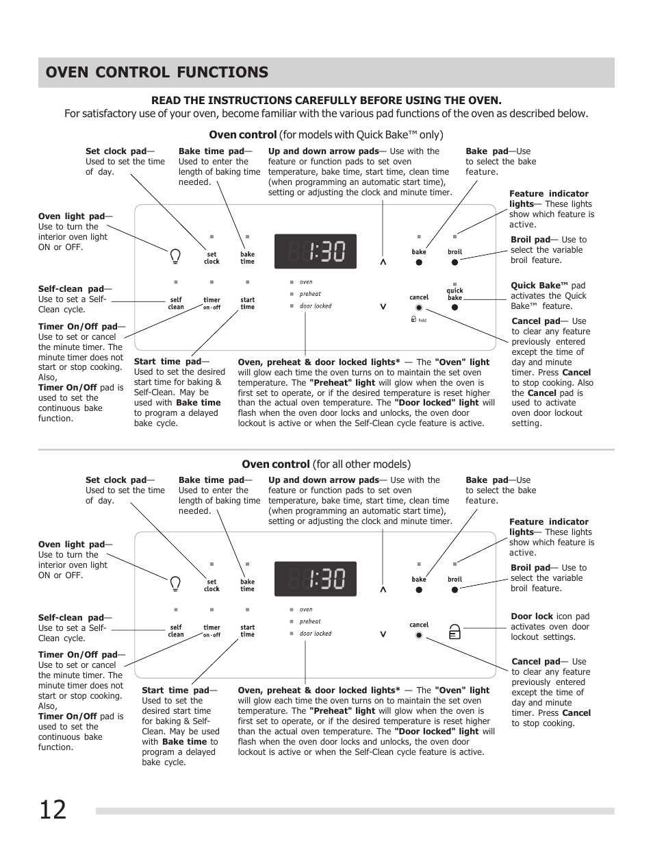 Oven control functions | FRIGIDAIRE 316901309 User Manual | Page 12 / 28