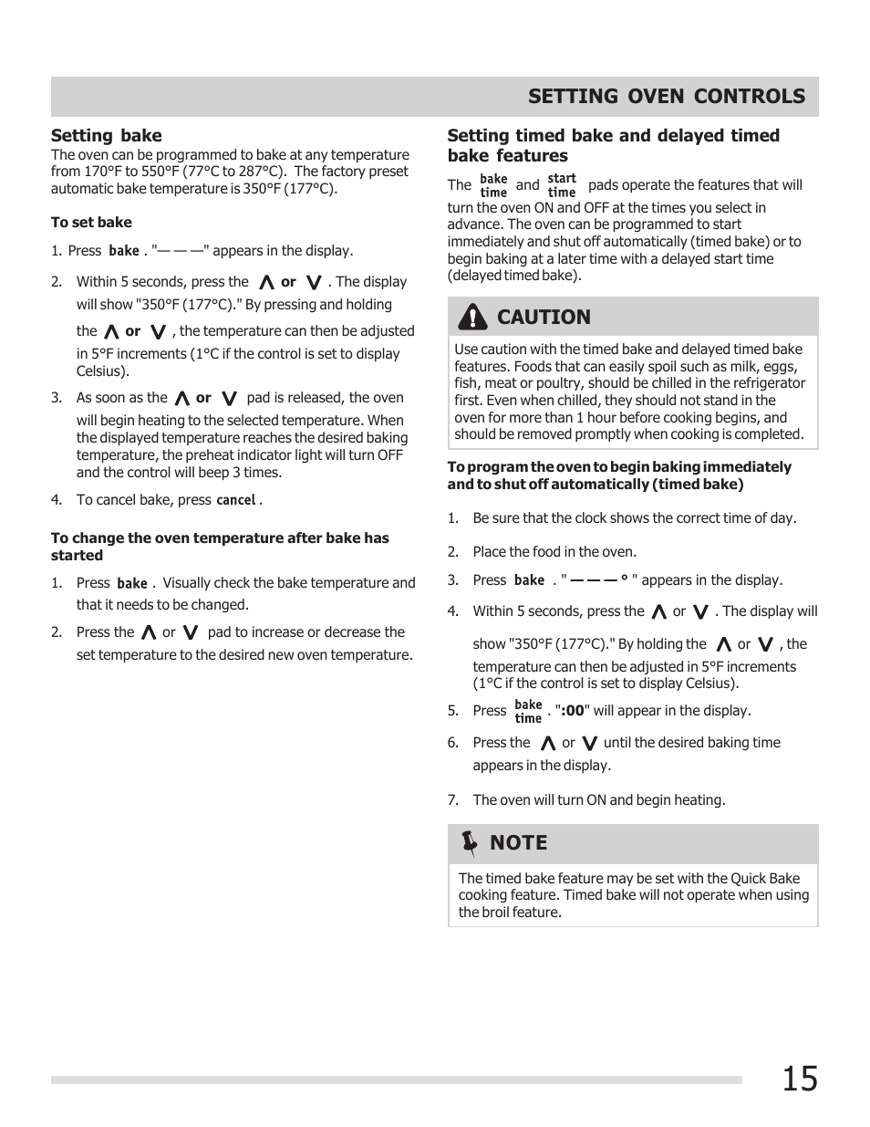 Caution, Setting oven controls | FRIGIDAIRE 316901309 User Manual | Page 15 / 28