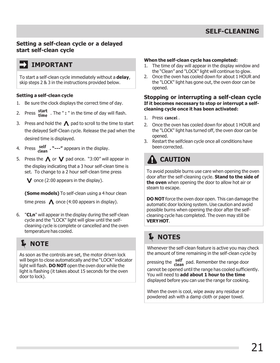 Important, Caution, Self-cleaning | FRIGIDAIRE 316901309 User Manual | Page 21 / 28