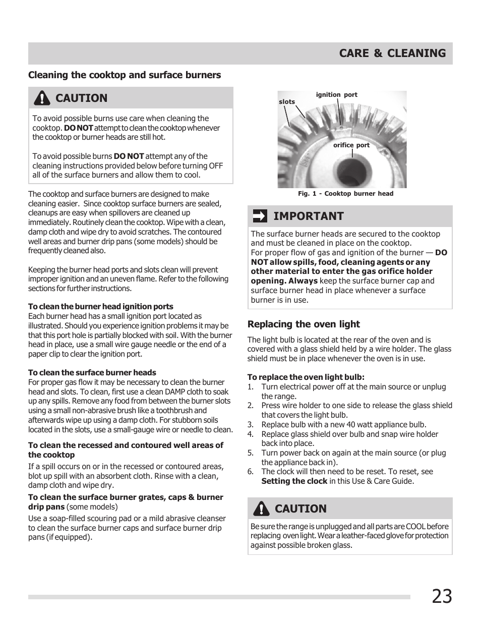 Caution, Important care & cleaning | FRIGIDAIRE 316901309 User Manual | Page 23 / 28