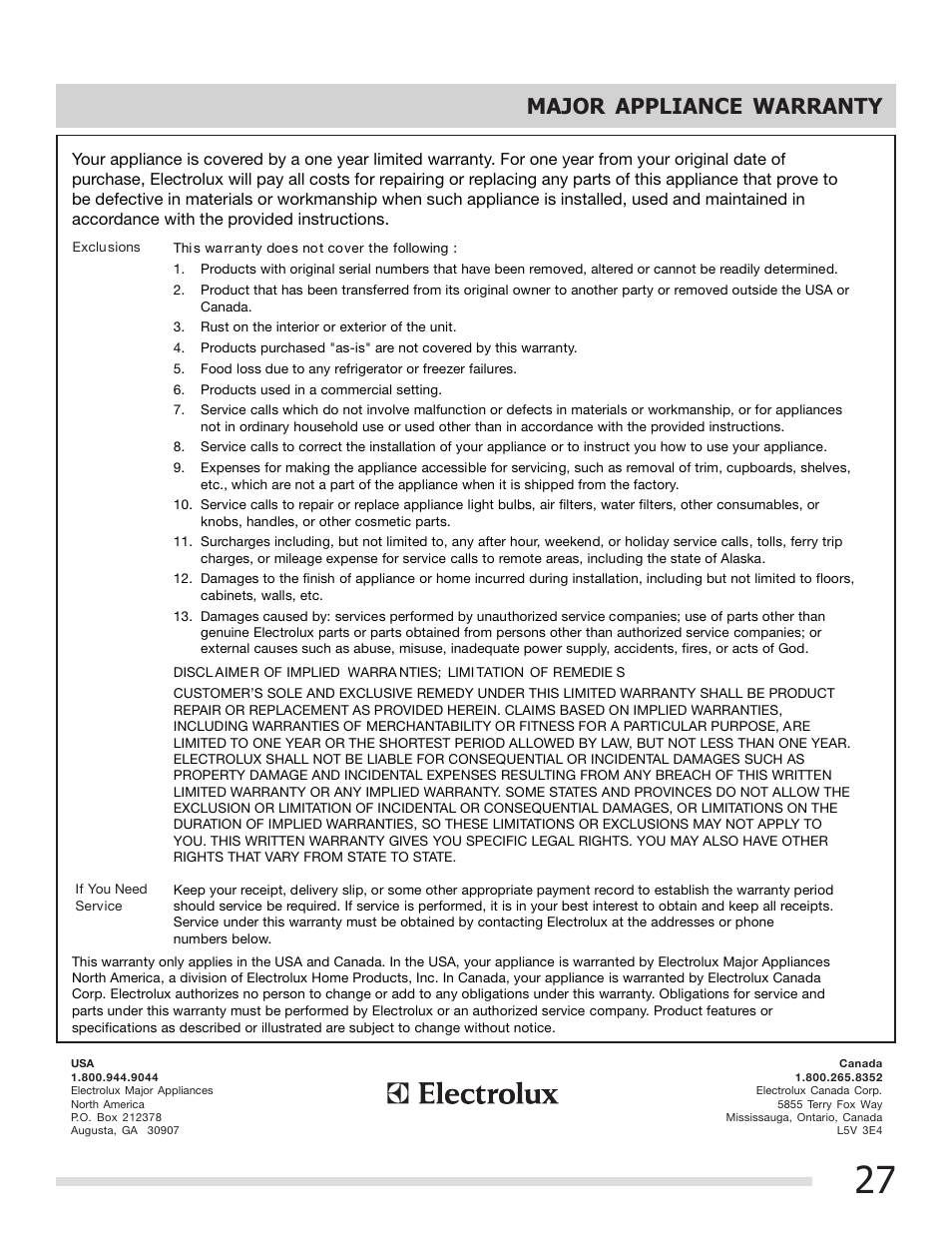 Major appliance warranty | FRIGIDAIRE 316901309 User Manual | Page 27 / 28