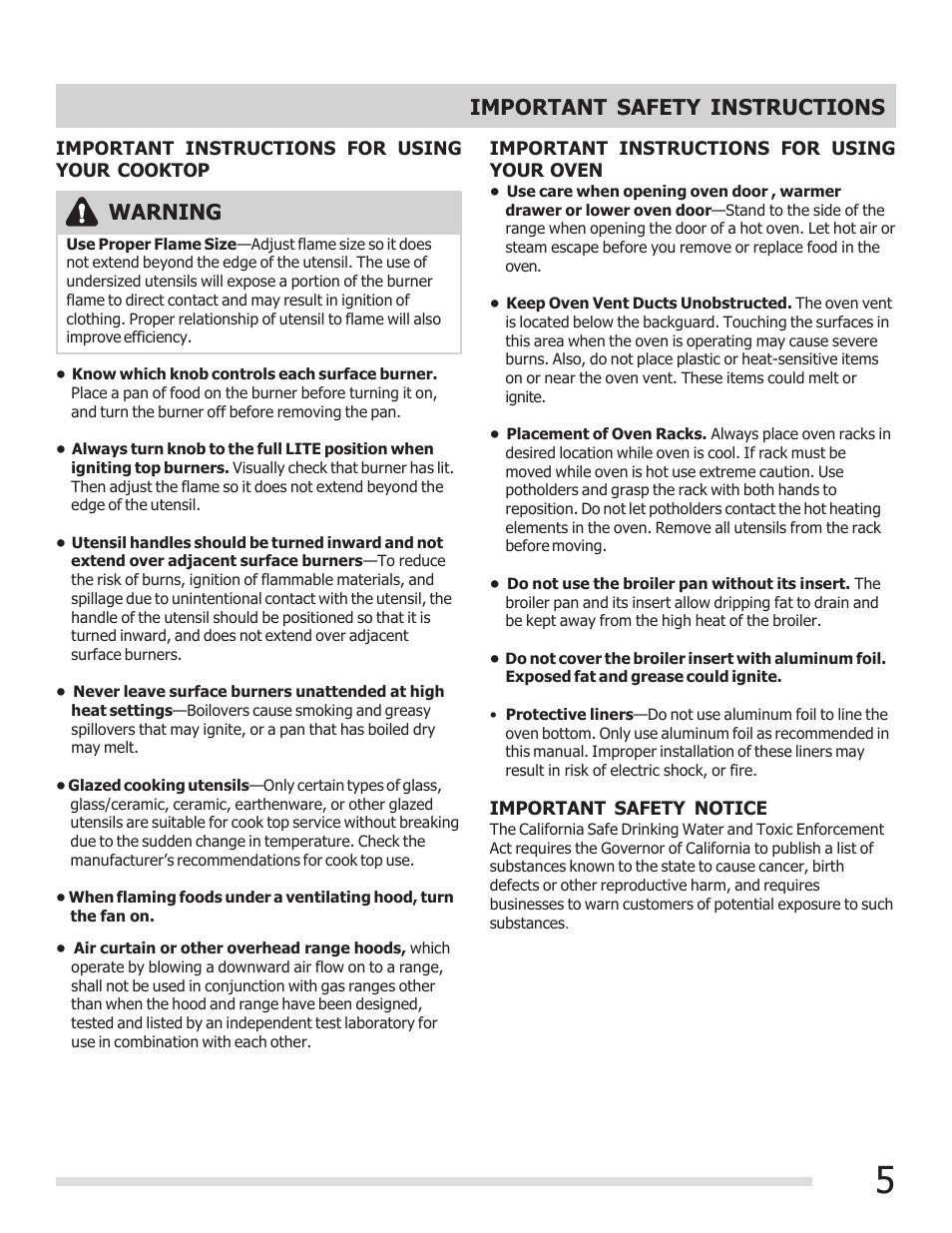 Important safety instructions, Warning | FRIGIDAIRE 316901309 User Manual | Page 5 / 28