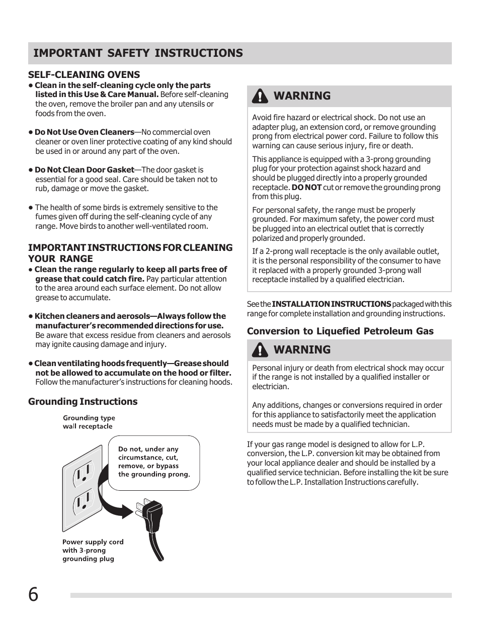 Important safety instructions, Warning | FRIGIDAIRE 316901309 User Manual | Page 6 / 28