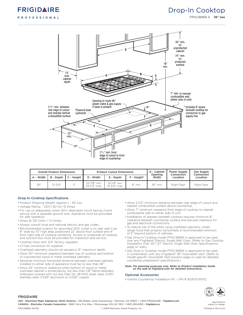 30"/36" drop-in gas cooktops, Professional, gallery & frigidaire, Drop-in cooktop | Callouts must be charted per individual model) | FRIGIDAIRE FPGC3685K User Manual | Page 2 / 3