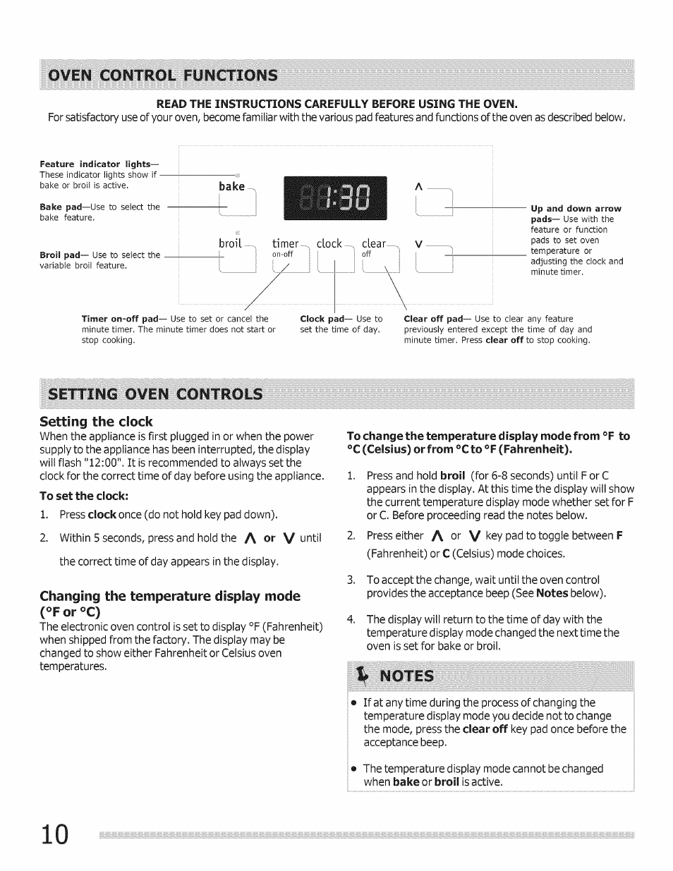 Bake, Setting oven controls, Setting the clock | To set the clock, Changing the temperature display mode (°f or °c), To change the temperature display mode from °f to, Notes, Oven control functions | FRIGIDAIRE Range User Manual | Page 10 / 20