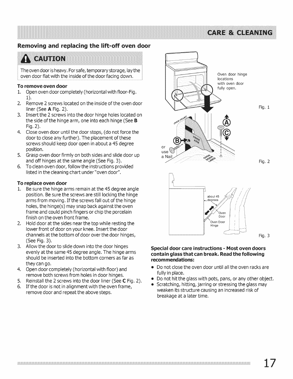 To remove oven door, To replace oven door, Care & cleanii^cs | Caution | FRIGIDAIRE Range User Manual | Page 17 / 20