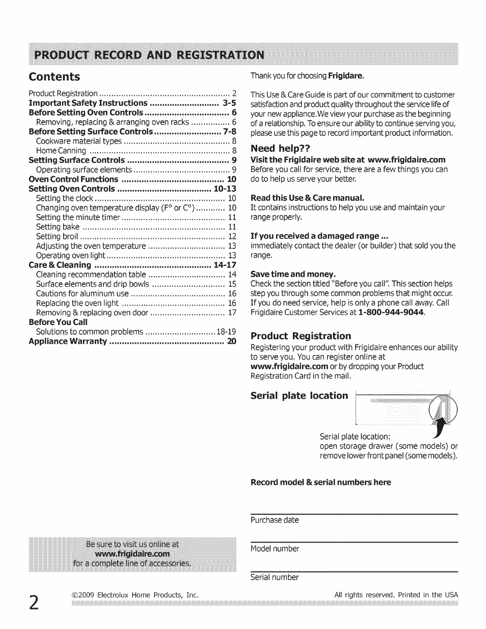 Record model & serial numbers here, Product record and registration, Serial plate location | FRIGIDAIRE Range User Manual | Page 2 / 20