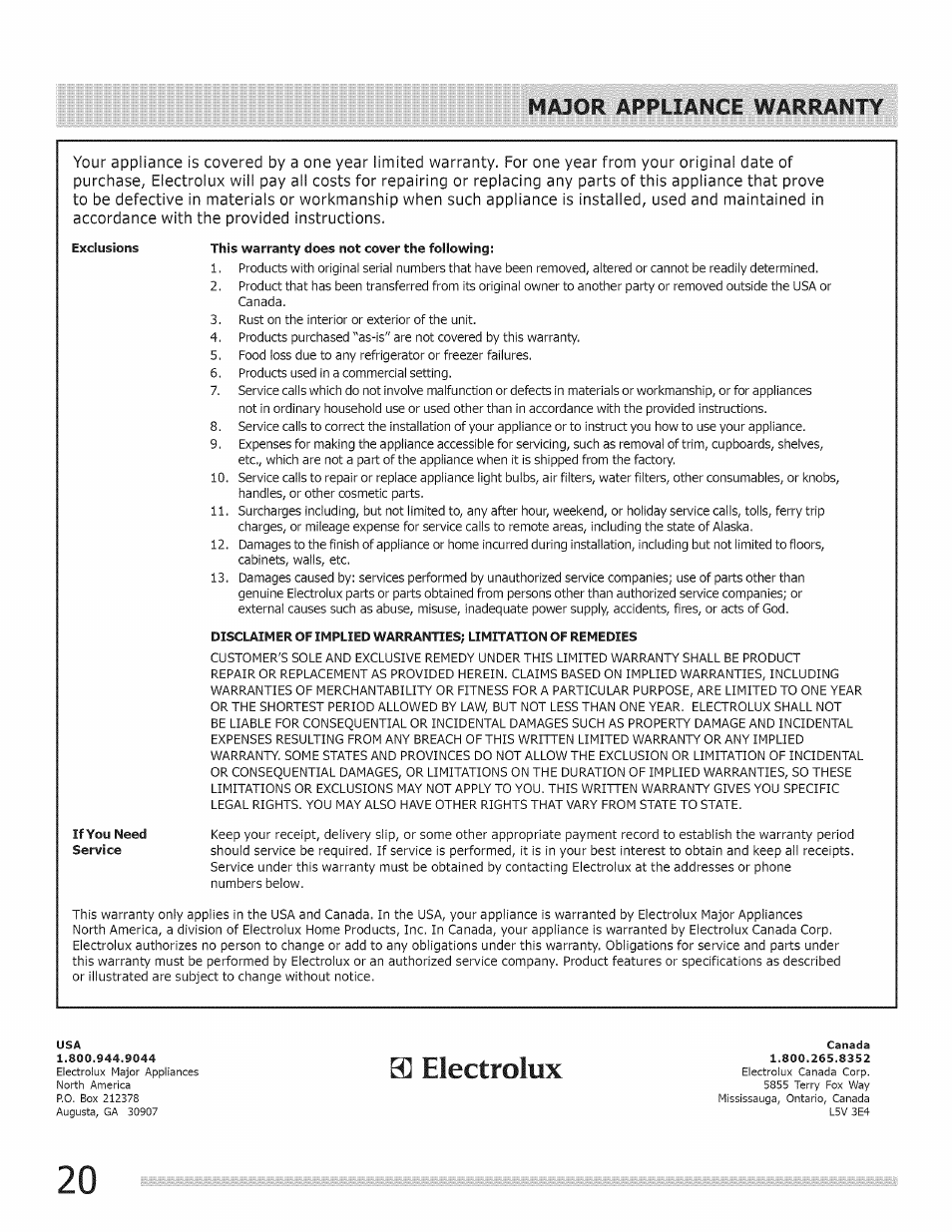 0] electrolux, Major appliance warranty | FRIGIDAIRE Range User Manual | Page 20 / 20