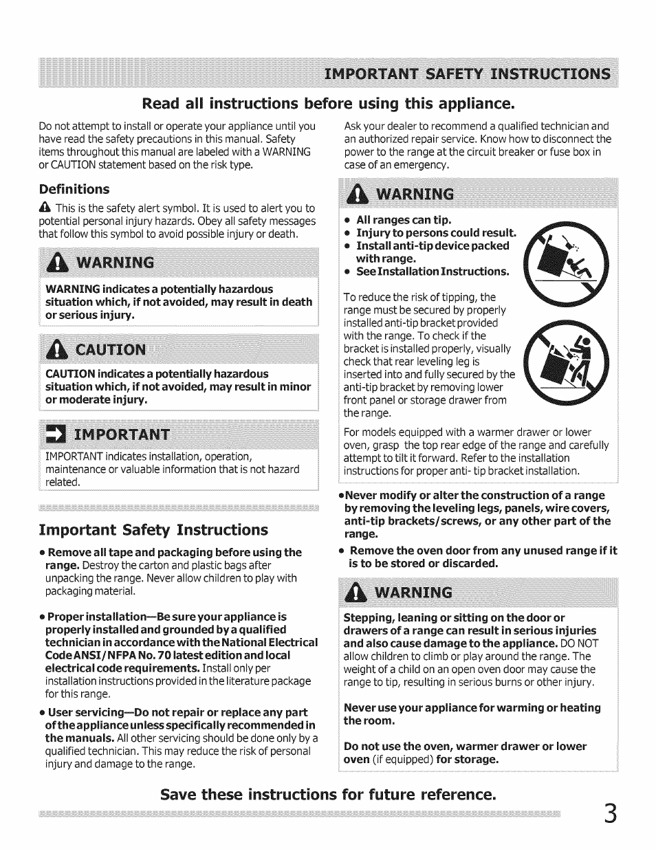 Definitions, A warning, A caution | Important, Important safety instructions, All ranges can tip, Warning, Save these instructions for future reference, Read ail instructioris before using this appliance | FRIGIDAIRE Range User Manual | Page 3 / 20
