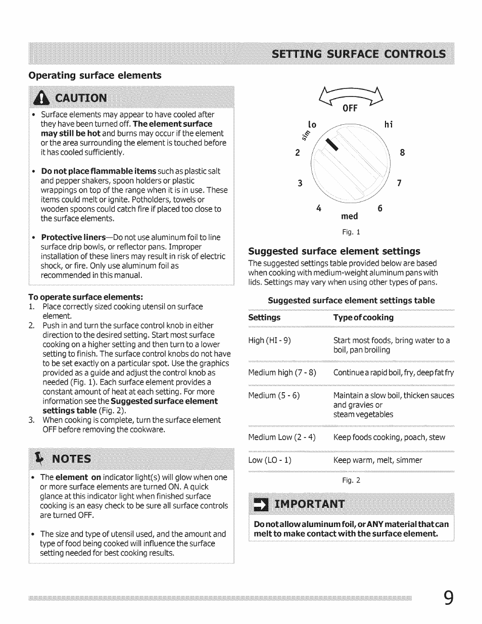 To operate surface elements, If notes, Suggested surface element settings | Suggested surface element settings table, Settings type of cooking, Setting surface controls, Caution | FRIGIDAIRE Range User Manual | Page 9 / 20