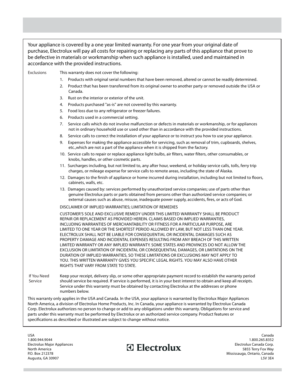 Major appliance warranty information | FRIGIDAIRE 137339000A User Manual | Page 21 / 22