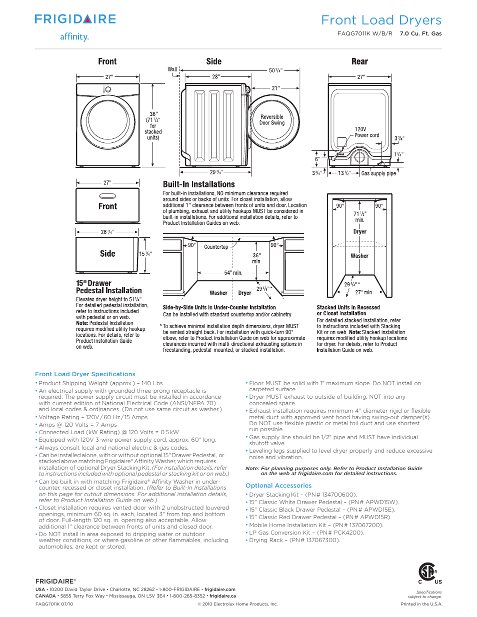 Front load dryers | FRIGIDAIRE AFFINITY FAQG7011K W/B/R User Manual | Page 2 / 2