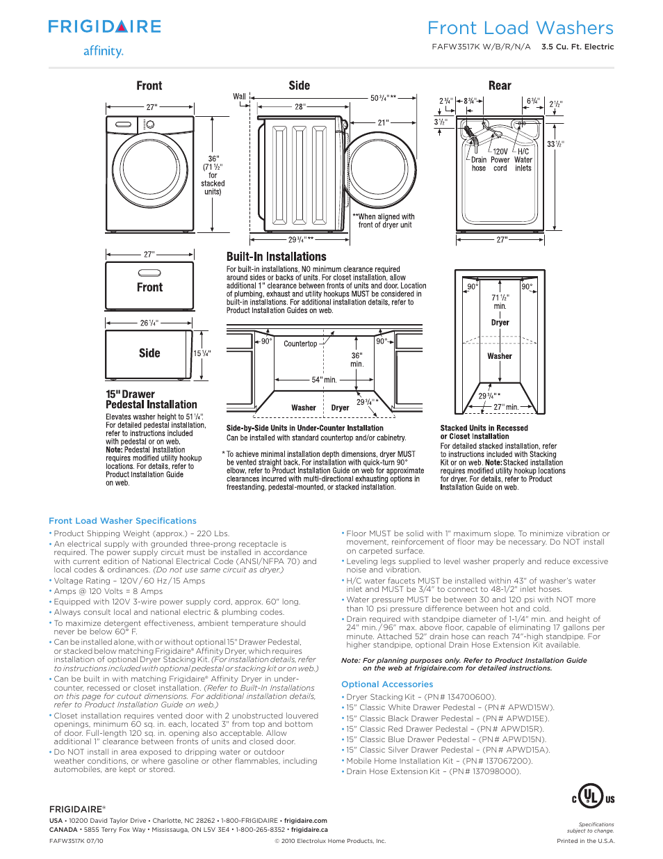 Front load laundry - washer frigidaire affinity, Front load washers | FRIGIDAIRE FAFW3517W User Manual | Page 2 / 2
