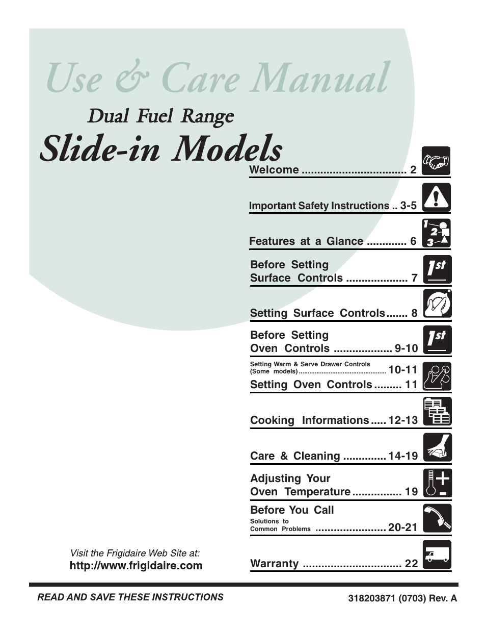FRIGIDAIRE Dual Fuel Range Slide-in Models User Manual | 22 pages
