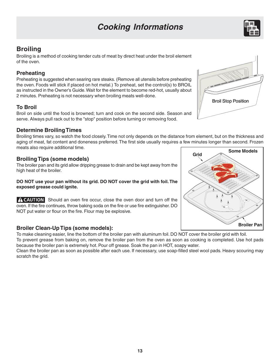 Cooking informations, Broiling | FRIGIDAIRE Dual Fuel Range Slide-in Models User Manual | Page 13 / 22