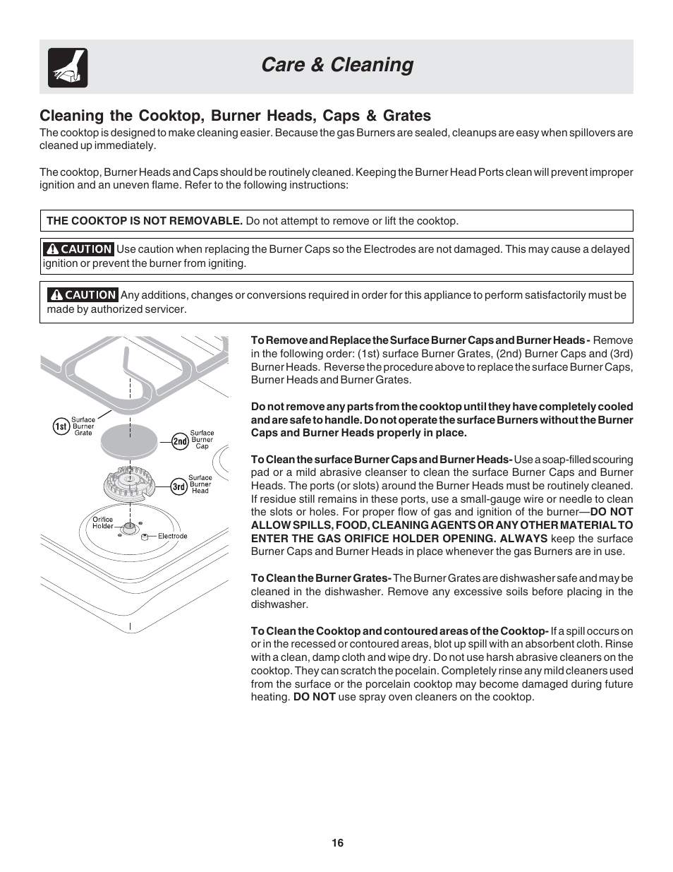 Care & cleaning, Cleaning the cooktop, burner heads, caps & grates | FRIGIDAIRE Dual Fuel Range Slide-in Models User Manual | Page 16 / 22