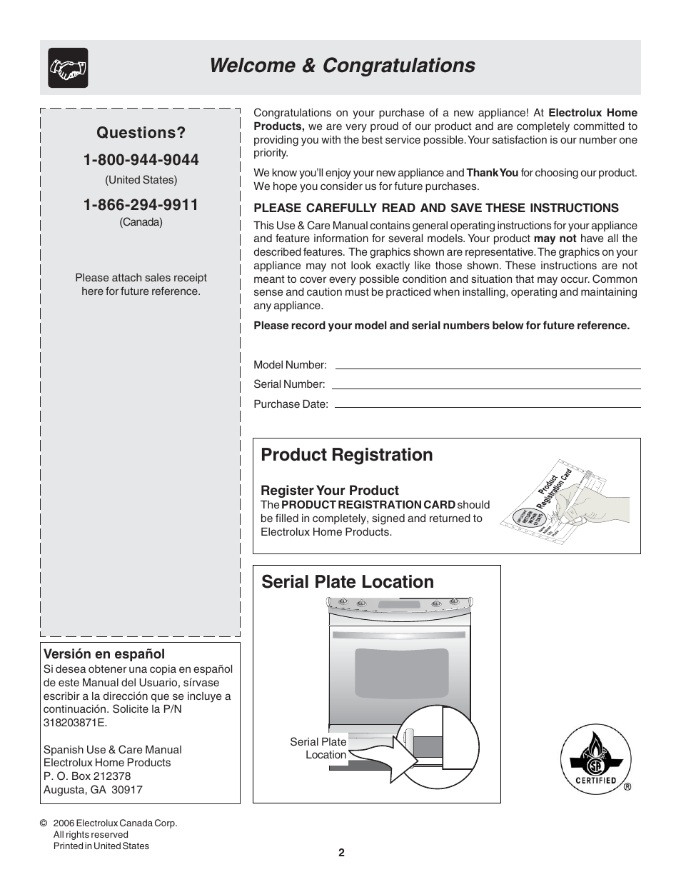 Product registration, Serial plate location | FRIGIDAIRE Dual Fuel Range Slide-in Models User Manual | Page 2 / 22