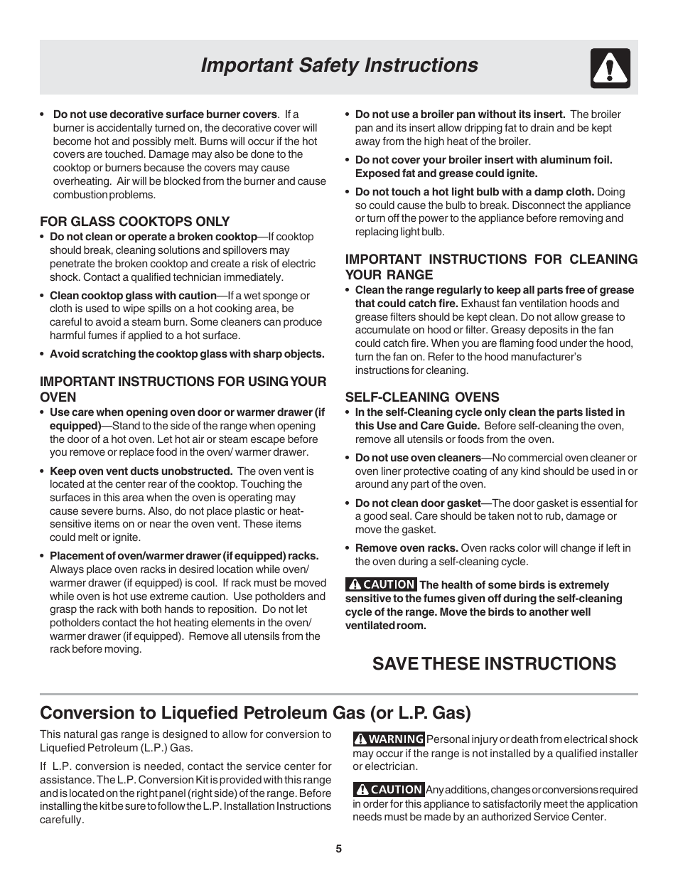 Important safety instructions | FRIGIDAIRE Dual Fuel Range Slide-in Models User Manual | Page 5 / 22