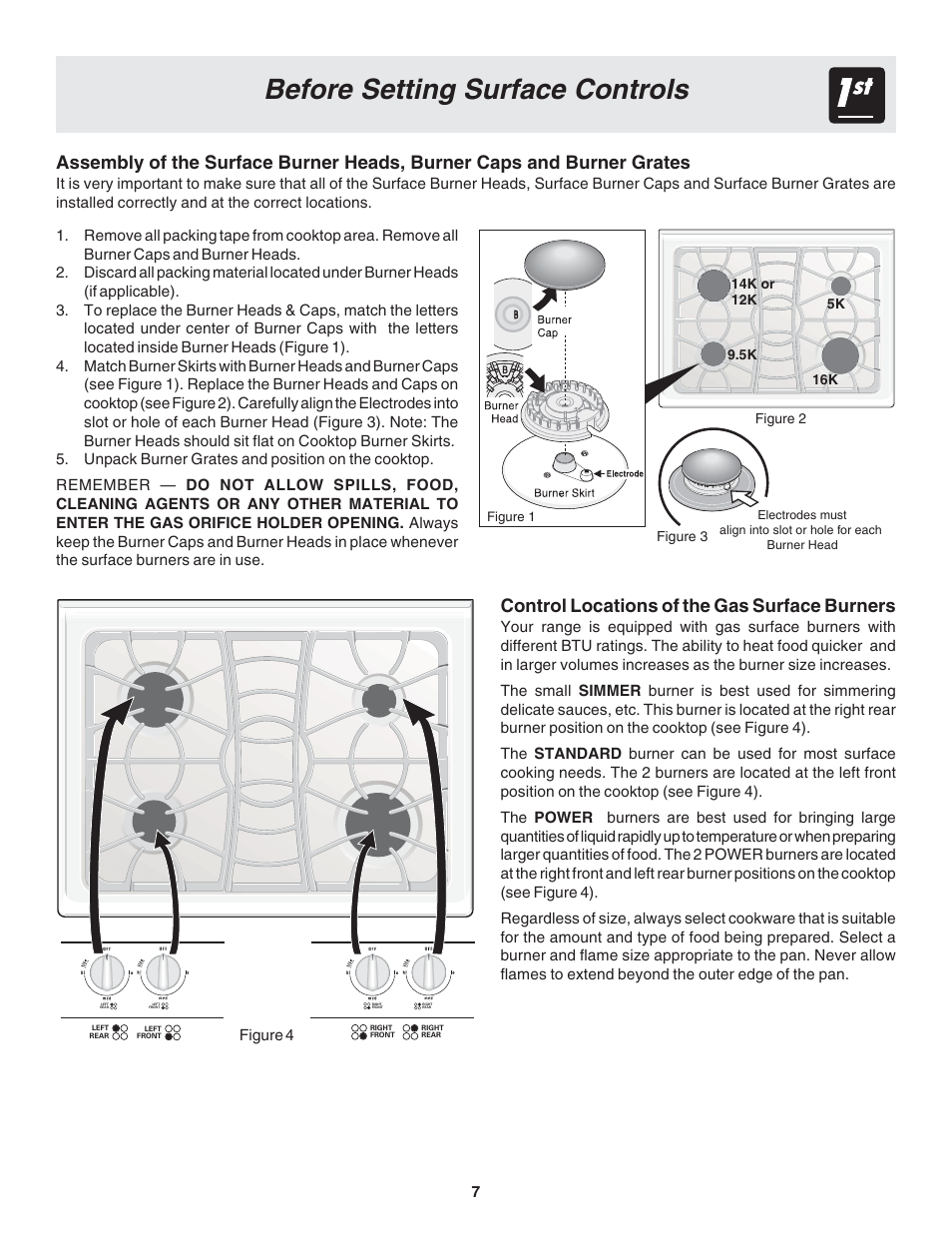 Before setting surface controls, Control locations of the gas surface burners | FRIGIDAIRE Dual Fuel Range Slide-in Models User Manual | Page 7 / 22