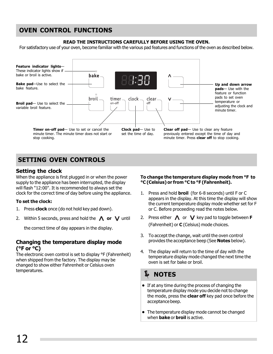 Oven control functions, Setting oven controls | FRIGIDAIRE 316902209 User Manual | Page 12 / 22