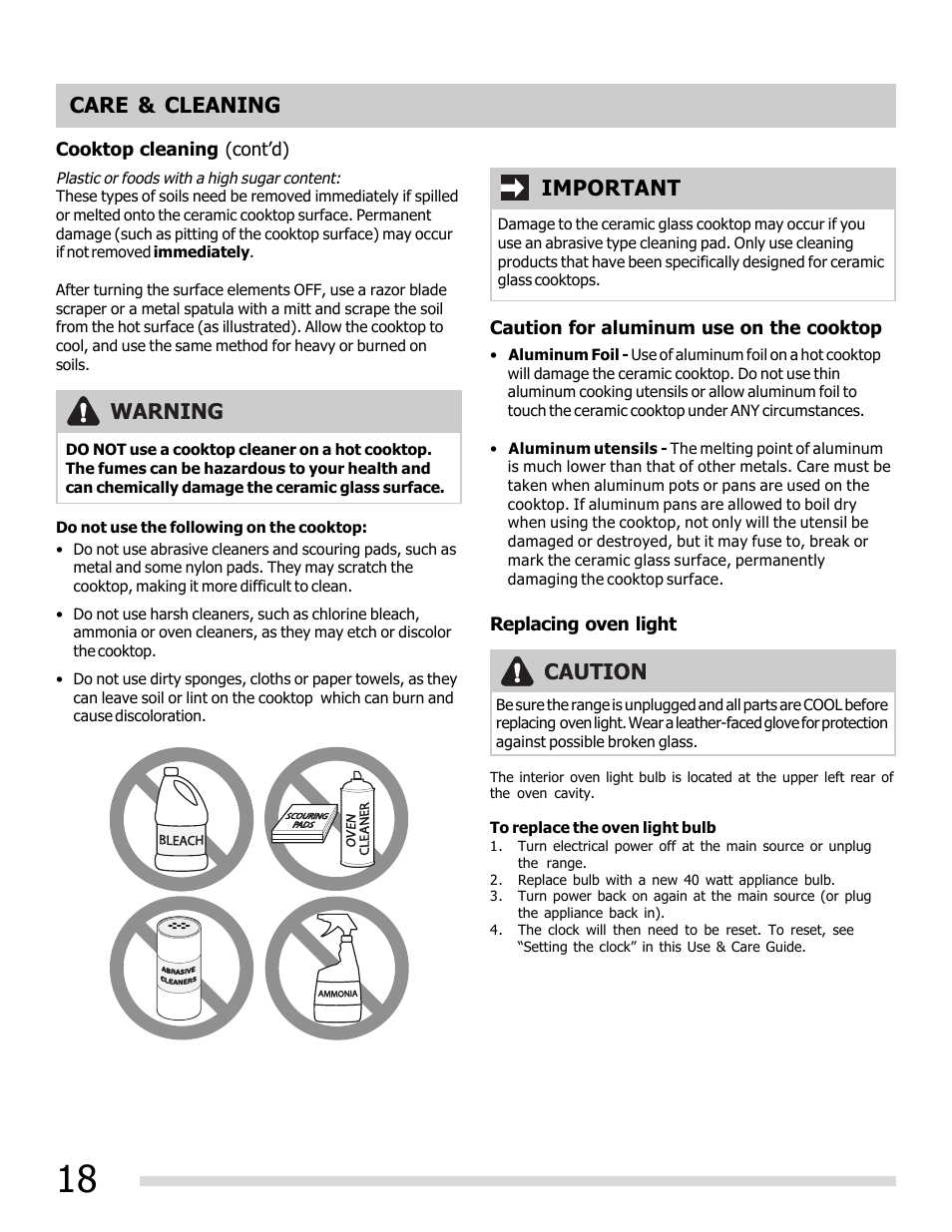 Care & cleaning, Important, Warning | Caution | FRIGIDAIRE 316902209 User Manual | Page 18 / 22