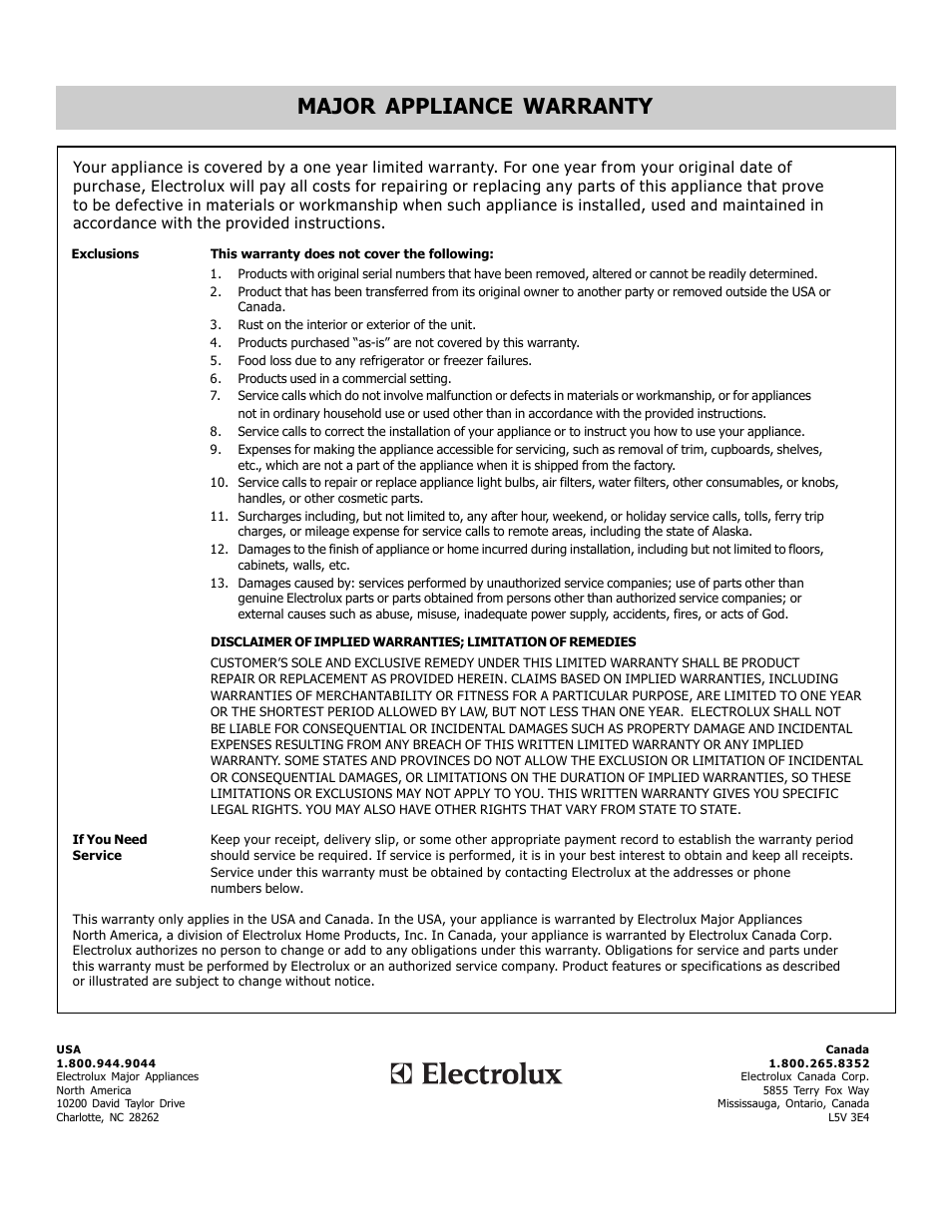 Major appliance warranty | FRIGIDAIRE 316902209 User Manual | Page 22 / 22