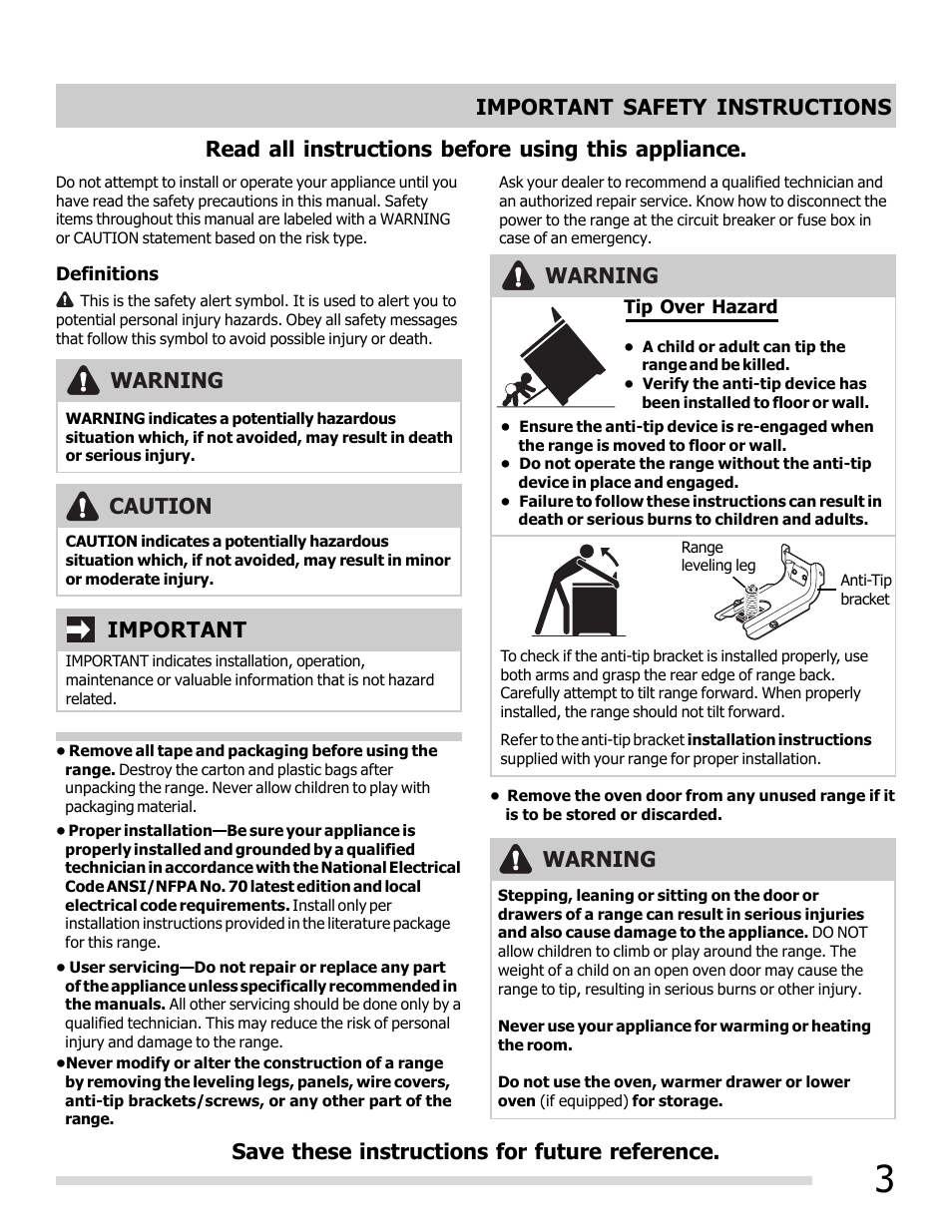 Read all instructions before using this appliance, Warning, Important | Caution | FRIGIDAIRE 316902209 User Manual | Page 3 / 22
