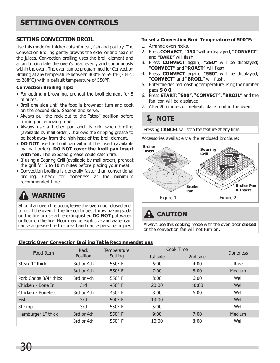 Setting oven controls, Warning, Caution | FRIGIDAIRE 318205300 User Manual | Page 30 / 44