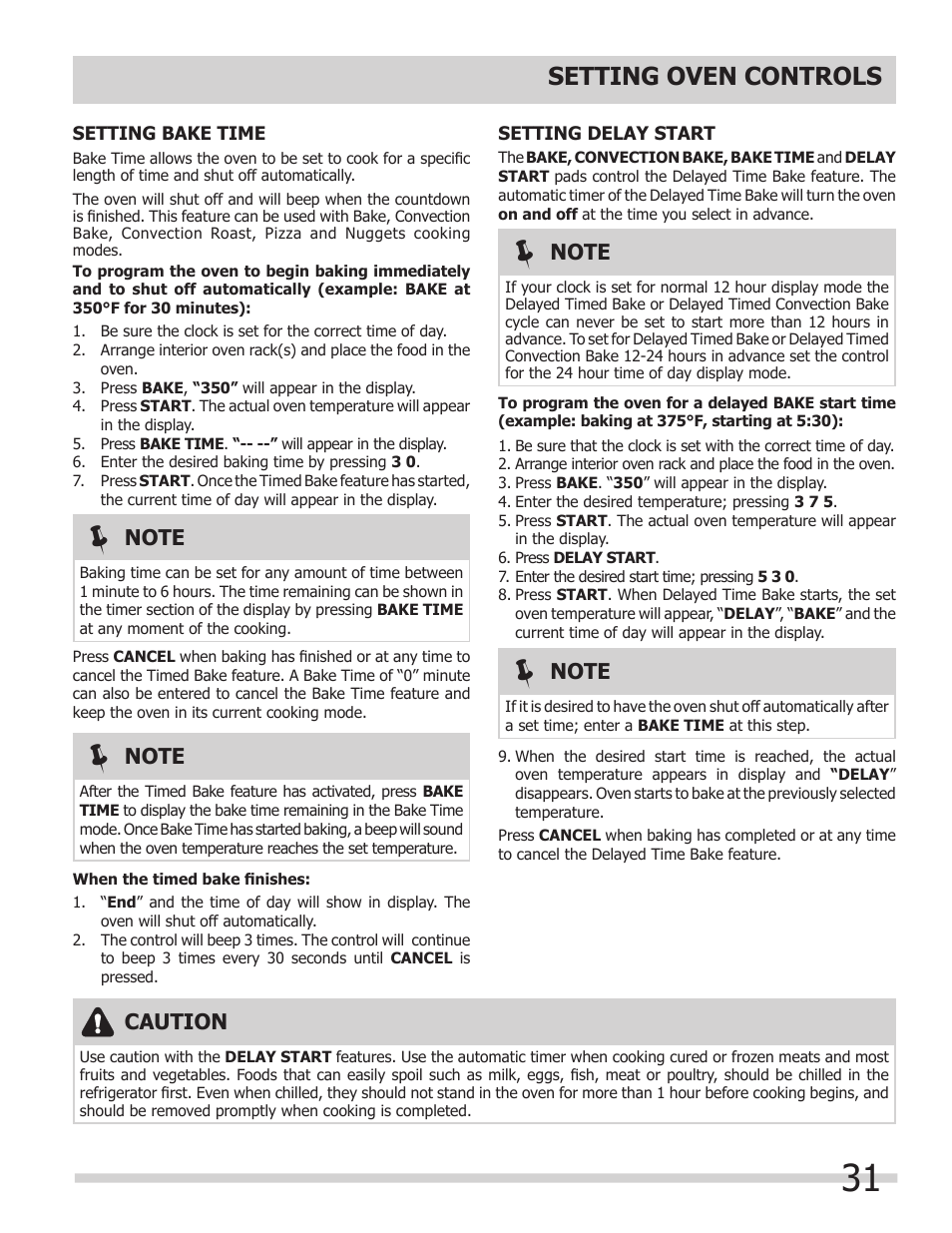 Setting oven controls, Caution | FRIGIDAIRE 318205300 User Manual | Page 31 / 44