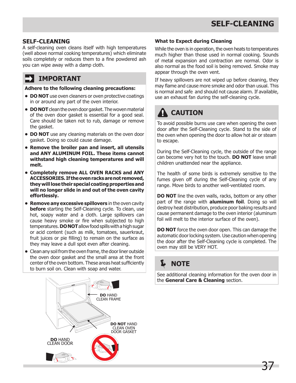 Self-cleaning, Caution, Important | FRIGIDAIRE 318205300 User Manual | Page 37 / 44