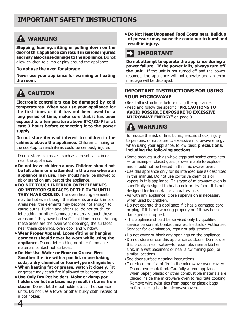 Important safety instructions, Important, Warning | Caution | FRIGIDAIRE 318205300 User Manual | Page 4 / 44