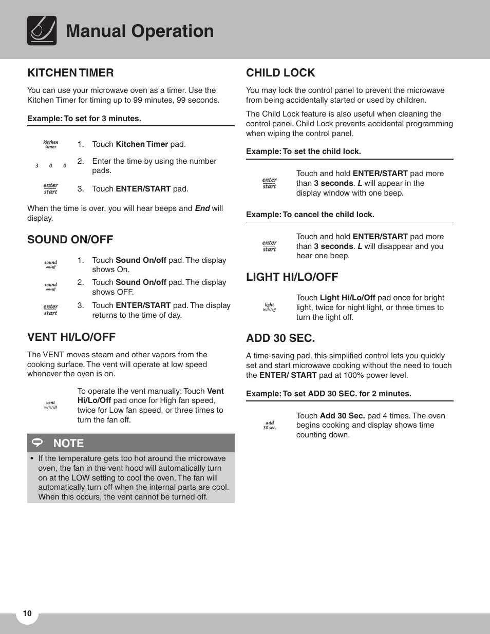 Manual operation, Kitchen timer, Sound on/off | Vent hi/lo/off, Child lock, Light hi/lo/off, Add 30 sec | FRIGIDAIRE TMV151F User Manual | Page 10 / 24