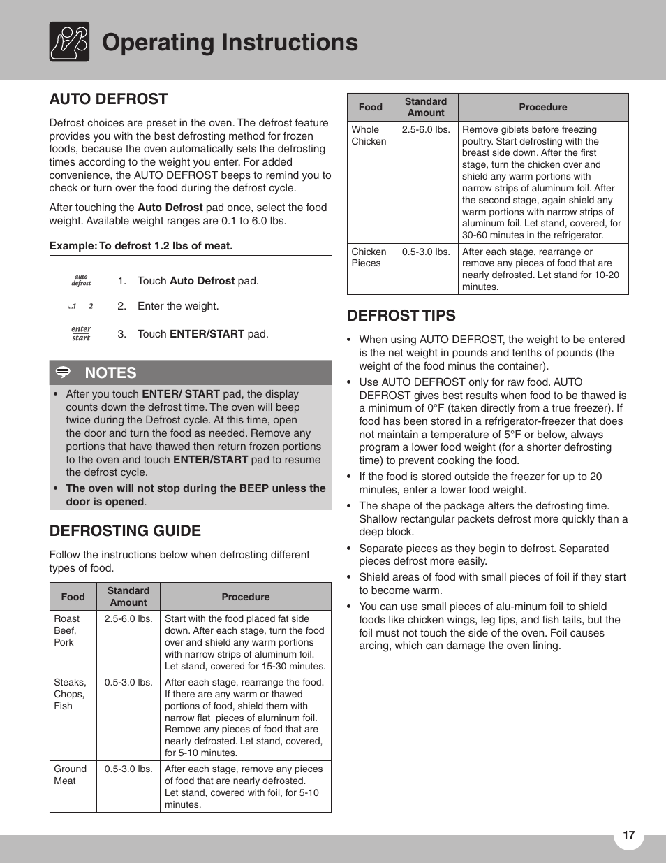 Operating instructions, Auto defrost, Defrosting guide | Defrost tips | FRIGIDAIRE TMV151F User Manual | Page 17 / 24