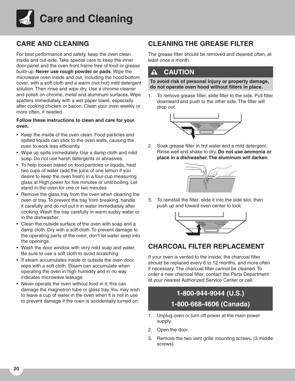 Care and cleaning, Cleaning the grease filter, Caution | Charcoal filter replacement | FRIGIDAIRE TMV151F User Manual | Page 20 / 24