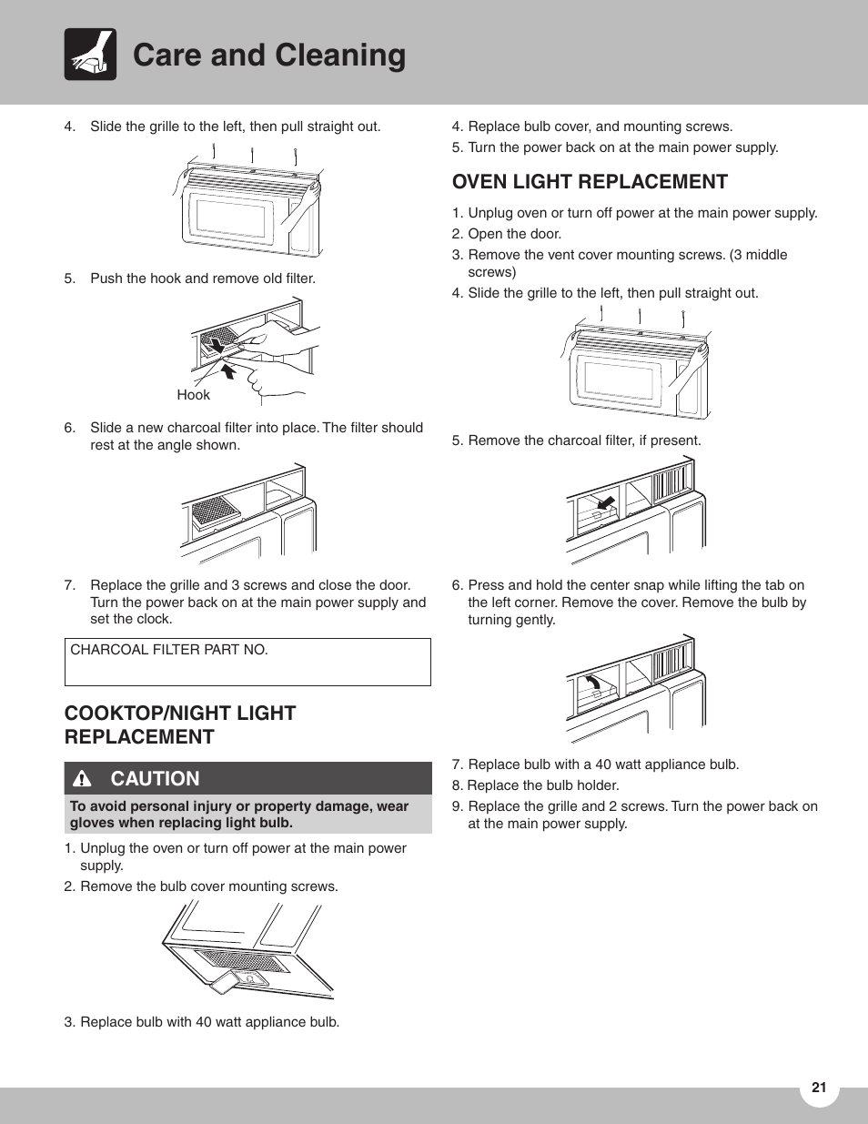 Care and cleaning, Cooktop/night light replacement caution, Oven light replacement | FRIGIDAIRE TMV151F User Manual | Page 21 / 24