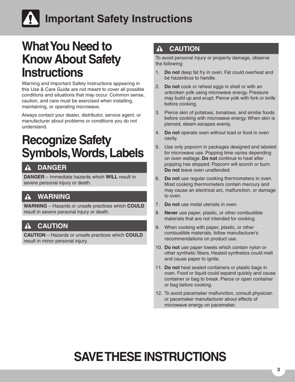 Recognize safety symbols, words, labels, Important safety instructions | FRIGIDAIRE TMV151F User Manual | Page 3 / 24