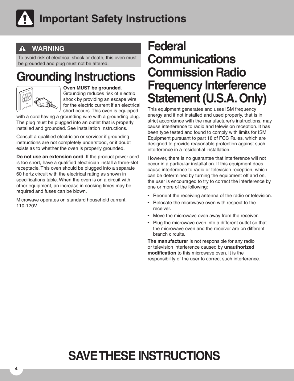 Save these instructions, Grounding instructions, Important safety instructions | FRIGIDAIRE TMV151F User Manual | Page 4 / 24